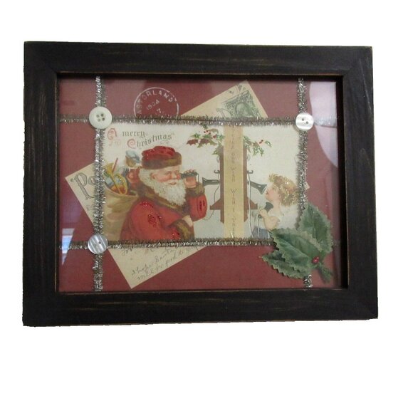 Victorian Christmas VTG Postcard Framed Wall Decor 8.5"x10.5" Santa Claus Tinsel - Picture 1 of 6